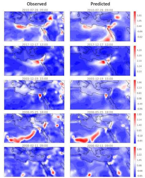 דוגמאות נבחרות ליכולת החיזוי של המודל. בטור השמאלי: נתונים מטאורולוגיים על אירועי סופות אבק (באדום) שהתפתחו באזורנו, מימין: החיזוי שהניב המודל