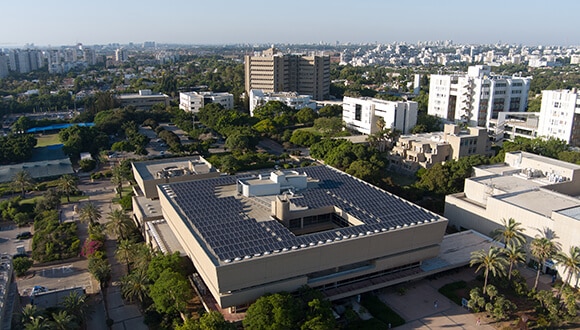 Solar panels on the roof of Sourasky Library. Photo: Tel Aviv University