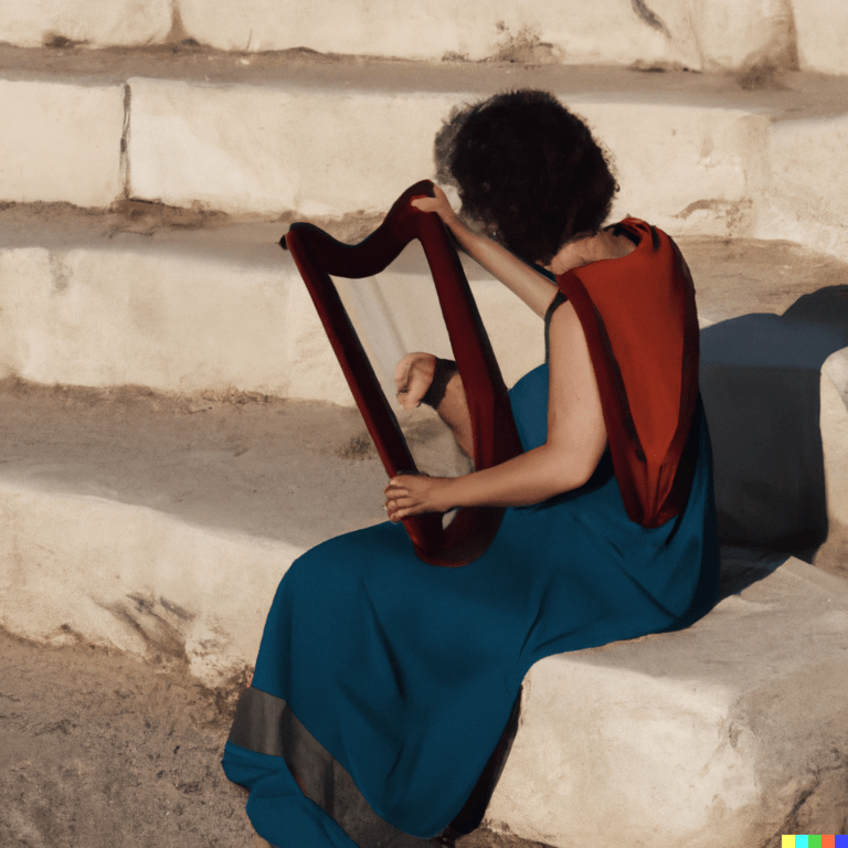 נגנית נבל עתיק לבושה בבגדים רומאיים מהמאה הראשונה על מדרגות האמפיתיאטרון בקיסריה. הופק באמצעות דאלי 2. רעיון: אבי בליזובסקי