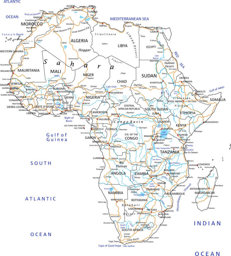 Map of lakes and rivers in Africa. Illustration: depositphotos.com