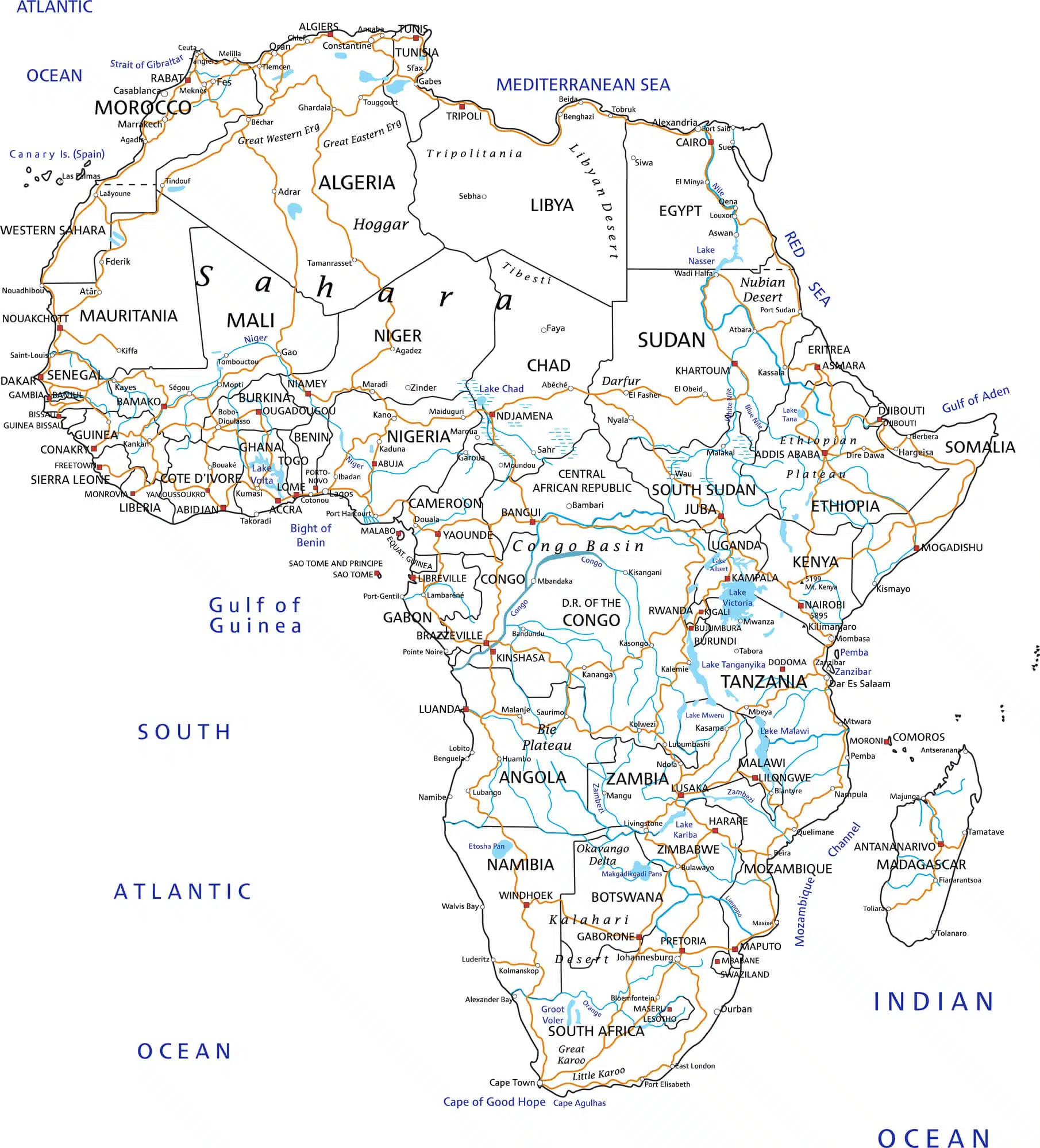 מפת האגמים והנהרות באפריקה. <a href="https://depositphotos.com. ">המחשה: depositphotos.com</a>