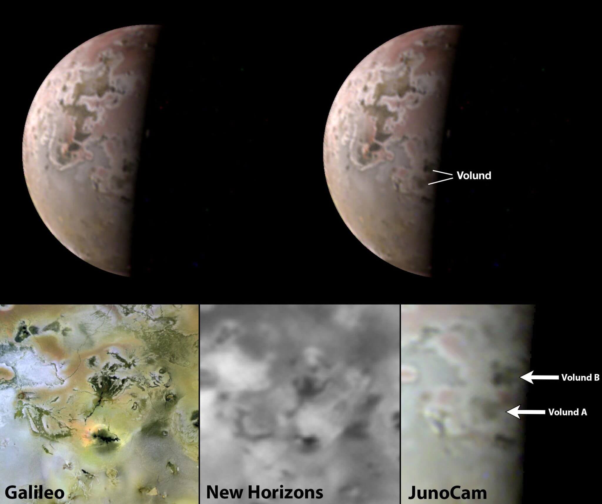 At top and lower right, Juno-Cam images taken in May 2023 of Jupiter's moon Io show that the lava fields around Volund E and B volcanoes appear to be growing in size. Previous NASA probes imaged the same region in 1996, lower left, and in 2007, lower center. Credit: Galileo: NASA/JPL/University of Arizona. New Horizons: NASA/JHUAPL/SWRI. Juno: Image data: NASA/JPL-Caltech/SwRI/MSSS. Image manipulation: Jason Perry (CC BY)