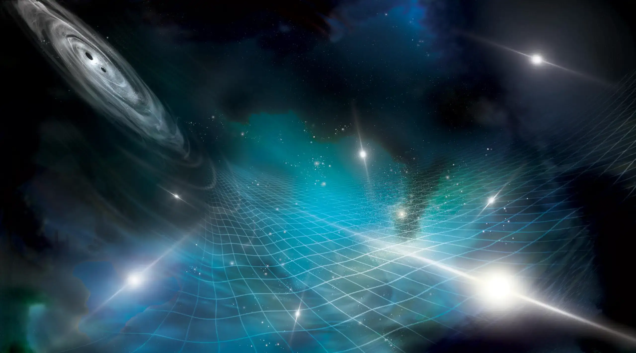 בהתרשמות אמן זאת, זוג חורים שחורים על-מסיביים (למעלה משמאל) פולטים גלי כבידה שמתפשטים במארג המרחב-זמן. גלי כבידה אלה דוחסים ומותחים את המסלולים של גלי רדיו שפולטים פולסרים (בלבן). על ידי מדידה קפדנית של גלי הרדיו, צוות מדענים גילה לאחרונה לראשונה את רקע גלי הכבידה של היקום. קרדיט: Aurore Simonnet for the NANOGrav Collaboration
