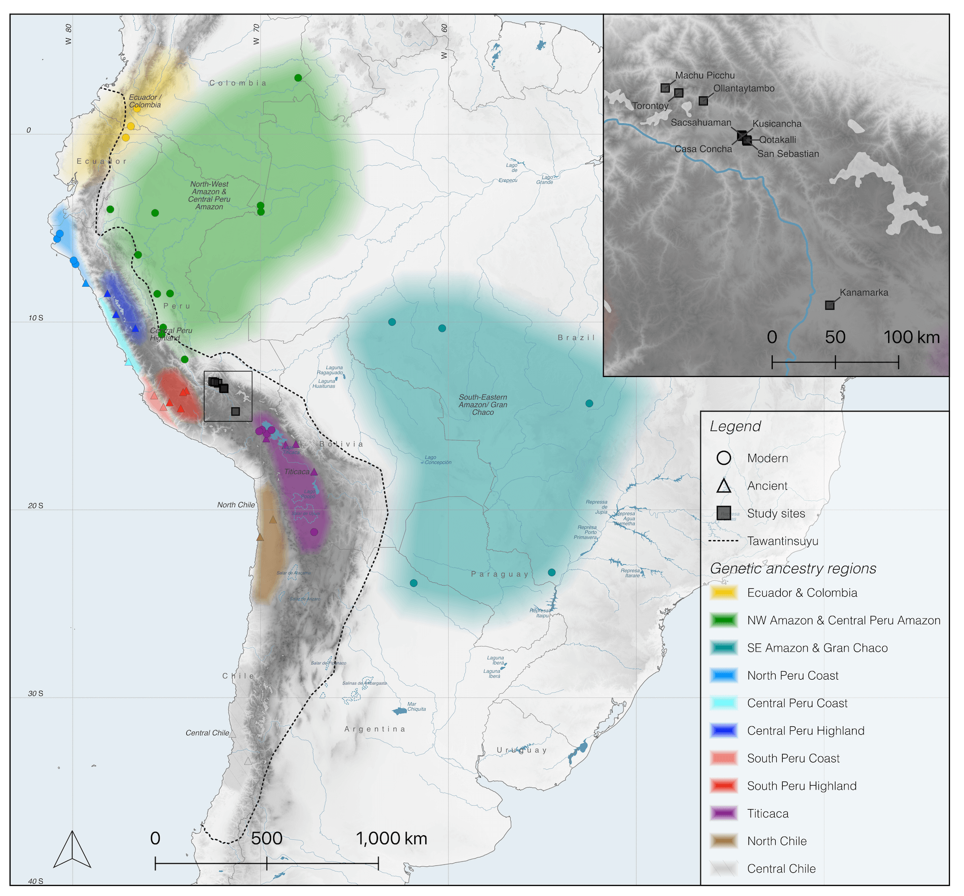 מפה זו של דרום אמריקה מראה אבות גנטיים שונים המיוצגים באזורים שונים. הקו השחור מראה את מלוא היקפה של אימפריית האינקה, ואילו השיבוץ מראה את מאצ'ו פיצ'ו ואתרים מלכותיים אחרים.סלזאר ואחרים, 2023 סופק על ידי המחבר.