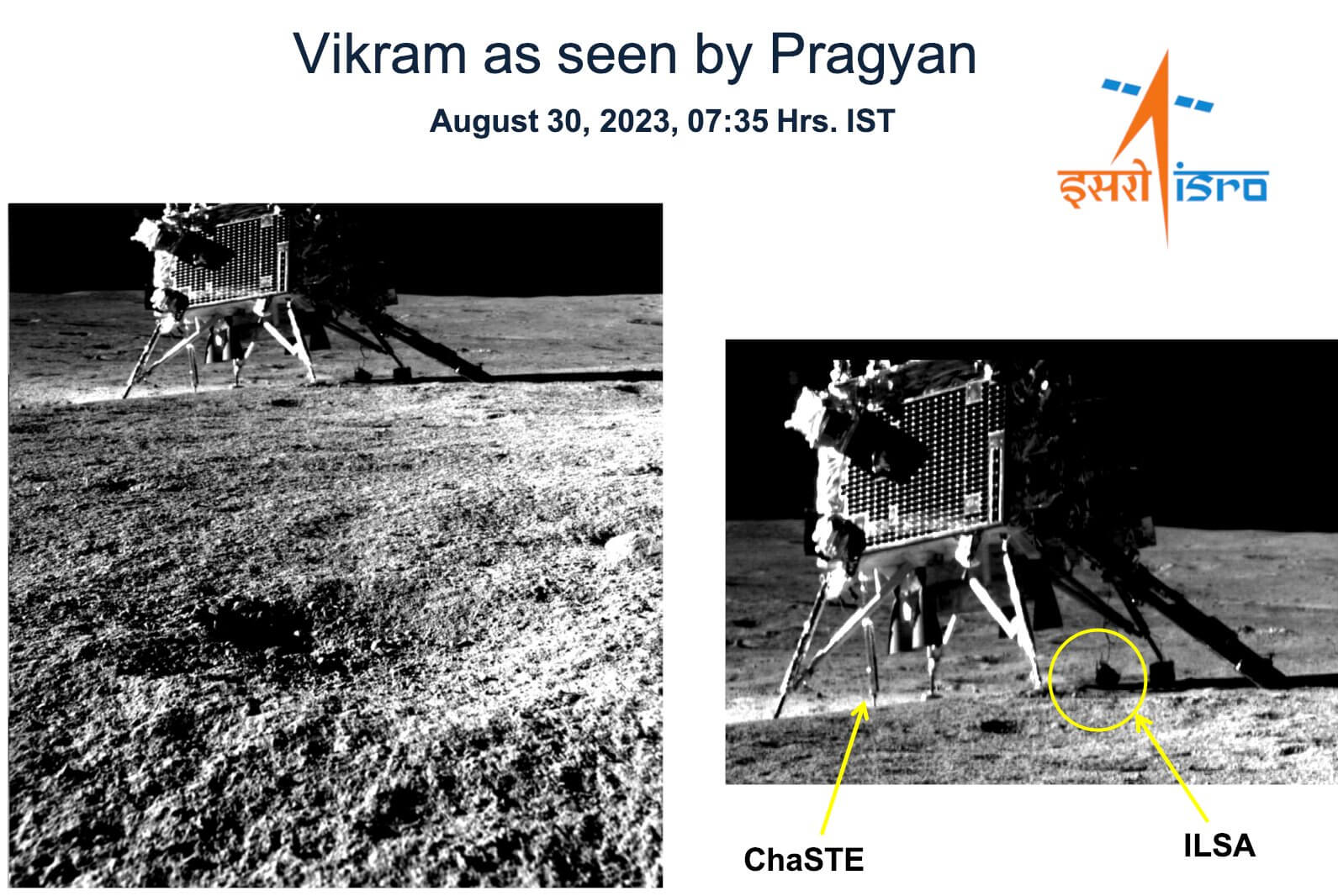 The Indian lander Vircam as photographed from the Paragain robotic vehicle. Photo by the Indian Space Agency ISRO
