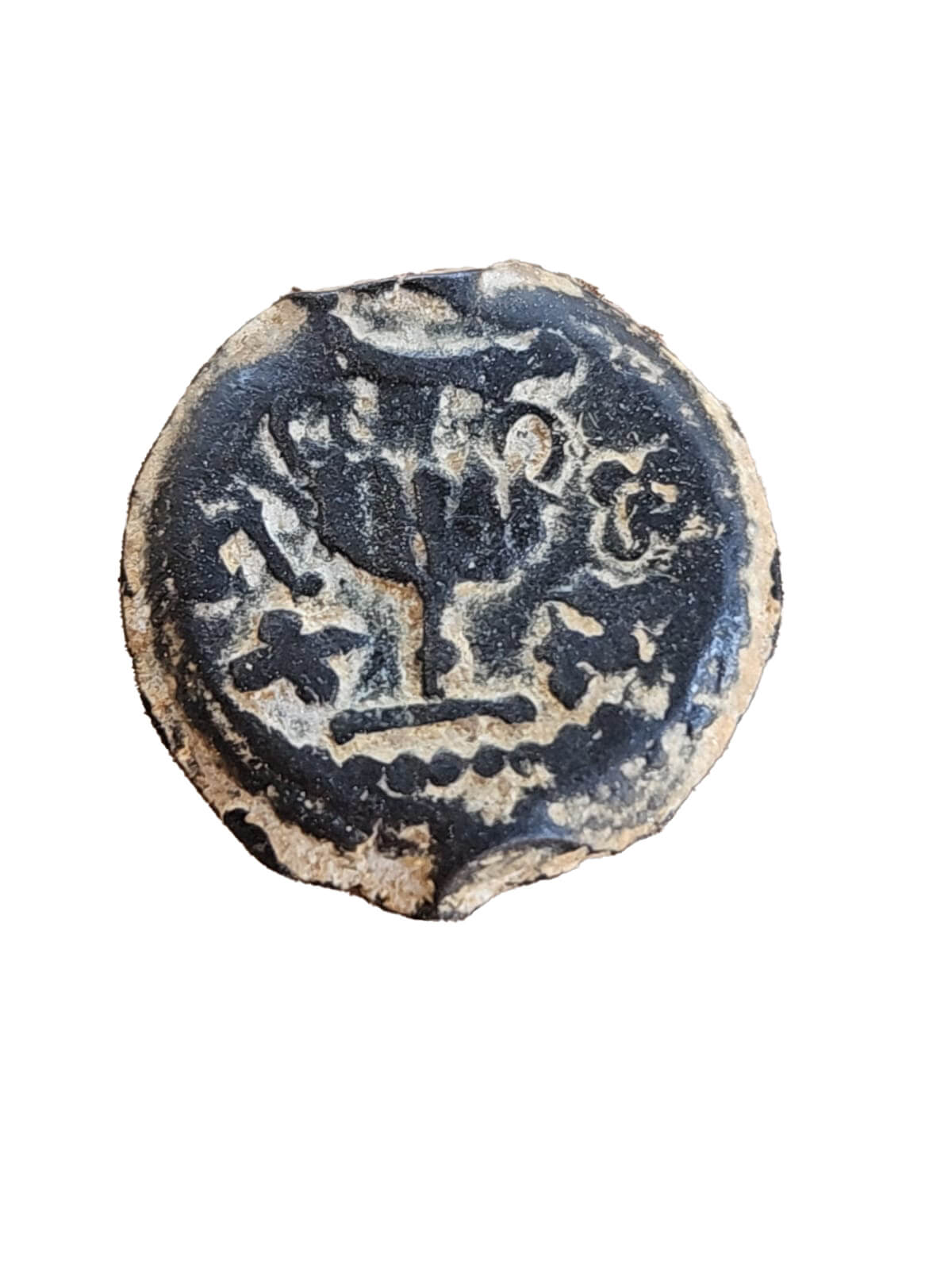 Sub-coin B for the revolt of the Jews against the Romans found in the foundations of the Amma. Photo by Ofer Shion, Israel Antiquities Authority