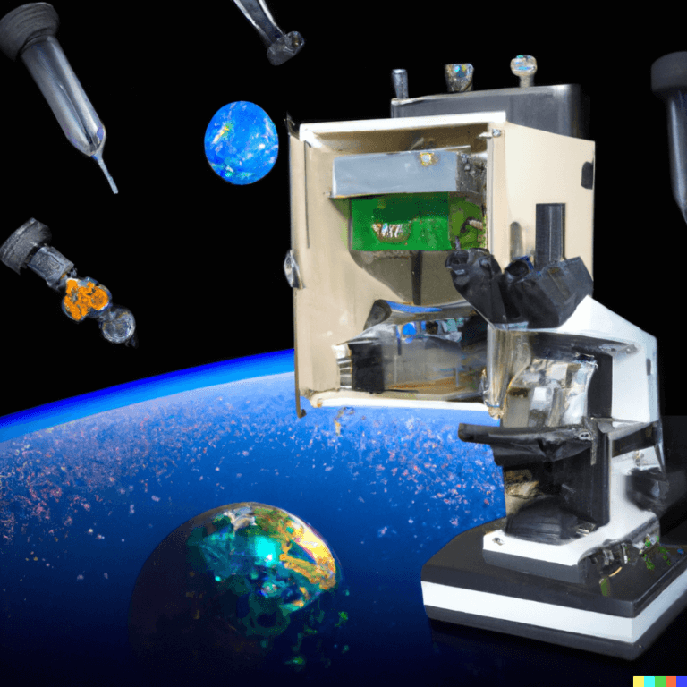 מעבדה ביולוגית בלוויין, כפי שמבין אותה DALEE2. הגדרות: DALL·E 2023-08-28 20.48.45 - biological lab inside a sattelite orbiting earth with few test tubes and a microscope looks like a photo