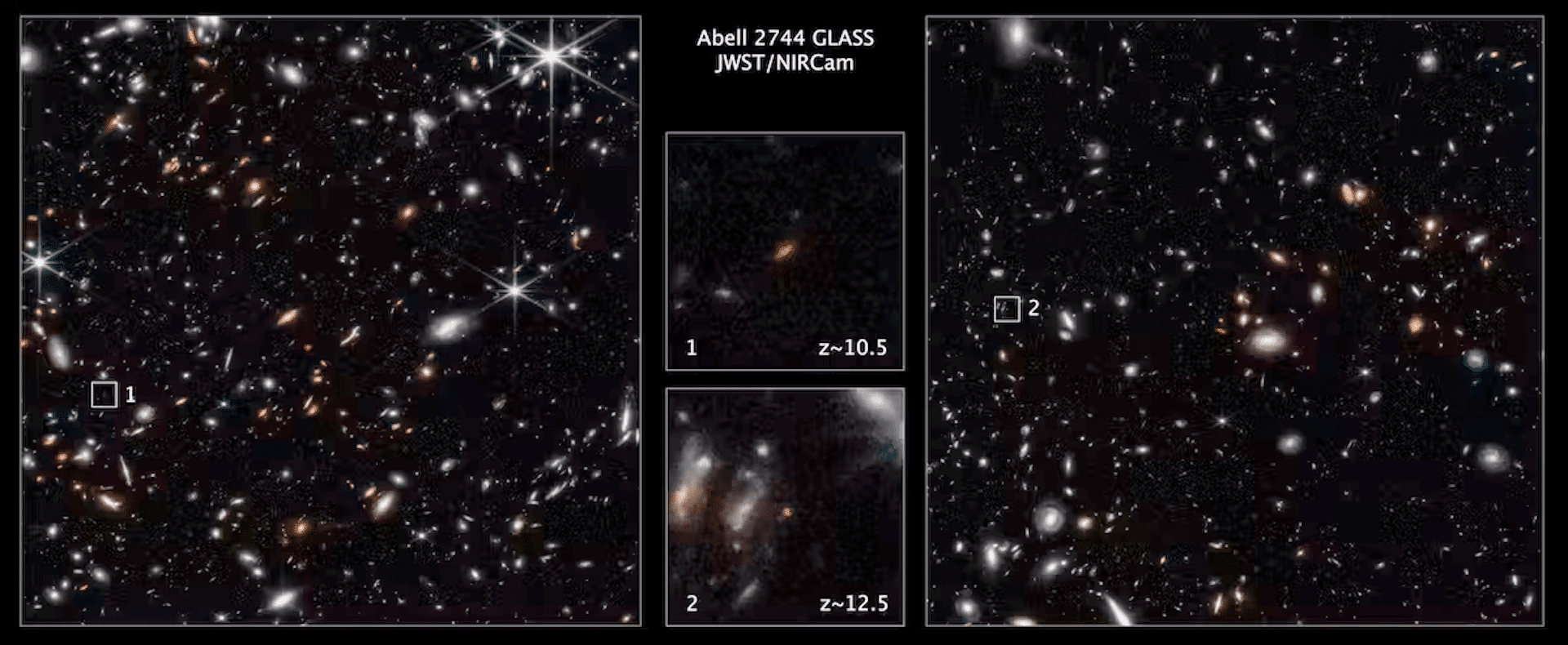 Two images showing a series of galaxies with small boxes around dim red spots. Images from the James and Bay Space Telescope showing early galaxies. NASA, ESA, CSA, Tommaso Treu (UCLA), CC BY-SA