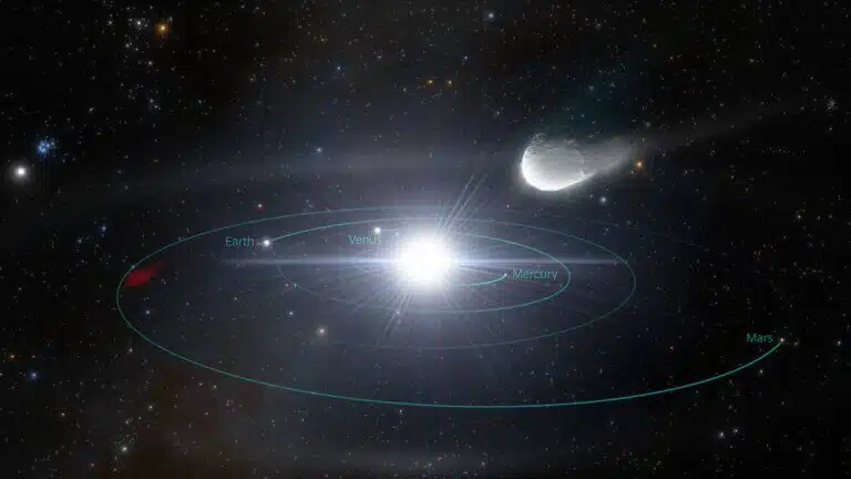 איור זה ממחיש כיצד עצמים בין-כוכבי שמתקרב במהירות למערכת השמש שלנו. העצם, שנפלט ממערכת כוכבי הלכת הביתית שלו לפני זמן רב, עבר בחלל הבין-כוכבי במשך מיליארדי שנים לפני שעבר לזמן קצר בשכונה הקוסמית שלנו. מצפה הכוכבים רובין יחשוף רבים מהמבקרים הבין-כוכביים הלא ידועים הללו.