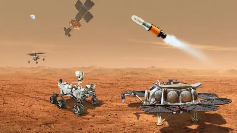 האיור הזה מראה רעיון של כמה רובוטים שיחברו כדי להוביל לכדור הארץ דגימות שאסף מפני המאדים רכב המאדים פרסבירנס של נאס"א. קרדיט: NASA/JPL-Caltech
