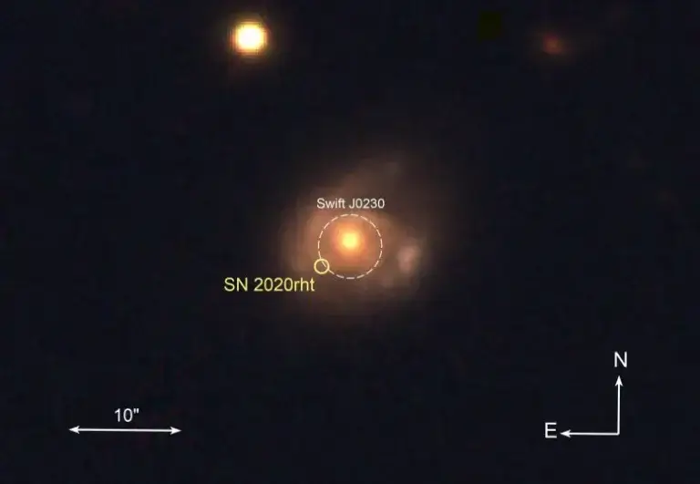 Optical image of the galaxy where the new event occurred, from PanSTARRS archive data. The x-ray itself is somewhere inside the white circle, and is about the size of a pinhead from 100 meters away. Also shown is the location of a two-year-old supernova. Credit: Daniele B. Malesani / PanSTARRS