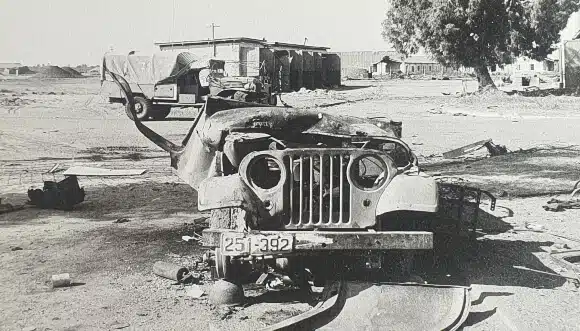 Direct hit in the front. The jeep in which Alexander Wahlberg was killed, its parts still scattered around | Photo: Yehoshua Messing, courtesy of the Wahlberg family