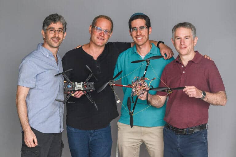 The team of researchers with the research drones. From right to left: Dr. Shai Arogati, Shimon Regev, Prof. Gera Weiss and Dr. Ahia Elisaf (not in the photo: researchers Shai Krichli and Dr. Aviran Sedon)