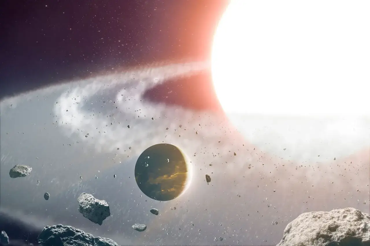 תיאור אמנותי של כוכב הלכת 8 Ursae Minoris b - הידוע גם בשם "האלה" - בתוך שדה השברים לאחר מיזוג אלים של שני כוכבים. ייתכן שכוכב הלכת שרד את המיזוג, אך גם ייתכן שהוא כוכב לכת חדש לגמרי שנוצר מהשברים. איור:
מצפה הכוכבים קק/אדם מקרנקו