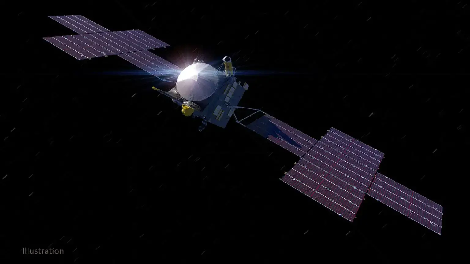 Illustration showing the Psyche spacecraft as it flies towards the Psyche asteroid. Credit: NASA/JPL-Caltech/ASU