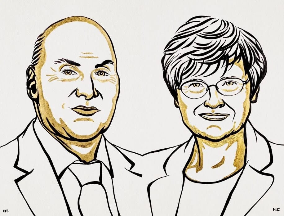 2023 Nobel Prize in Medicine winners Katalin Karikó and Drew Weissman. Ill. Niklas Elmehed © Nobel Prize Outreach