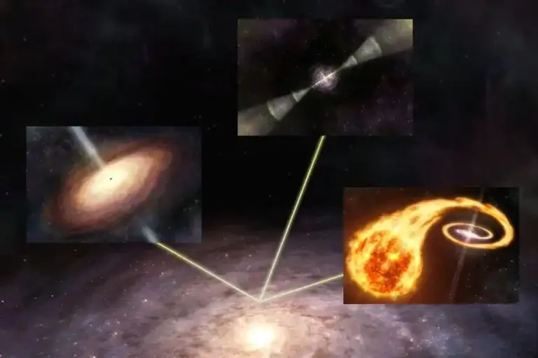 Conceptual diagram of this study. Signals from supernovae (close-up lower right), quasars (close-up middle left), and gamma-ray bursts (close-up top center) reach Earth in the Milky Way galaxy (background), where we can use them to measure cosmological parameters. Credit: NAOJ