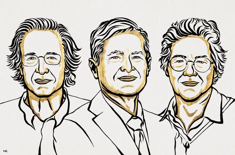 Winners of the 2023 Nobel Prize in Physics. From left to right: Agostini, Krause and Houllier. Ill. Niklas Elmehed © Nobel Prize Outreach