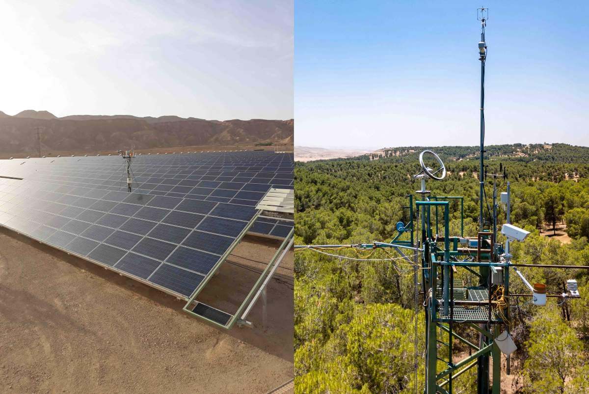 Right: The measuring equipment in Yatir Forest (photo: Yonatan Muller). Left: The measuring equipment in the solar field. The researchers were required to overcome operational and safety challenges arising from the sensitivity of the panels and prevented similar measurements from being performed in the past (photo: Eyal Rotenberg)