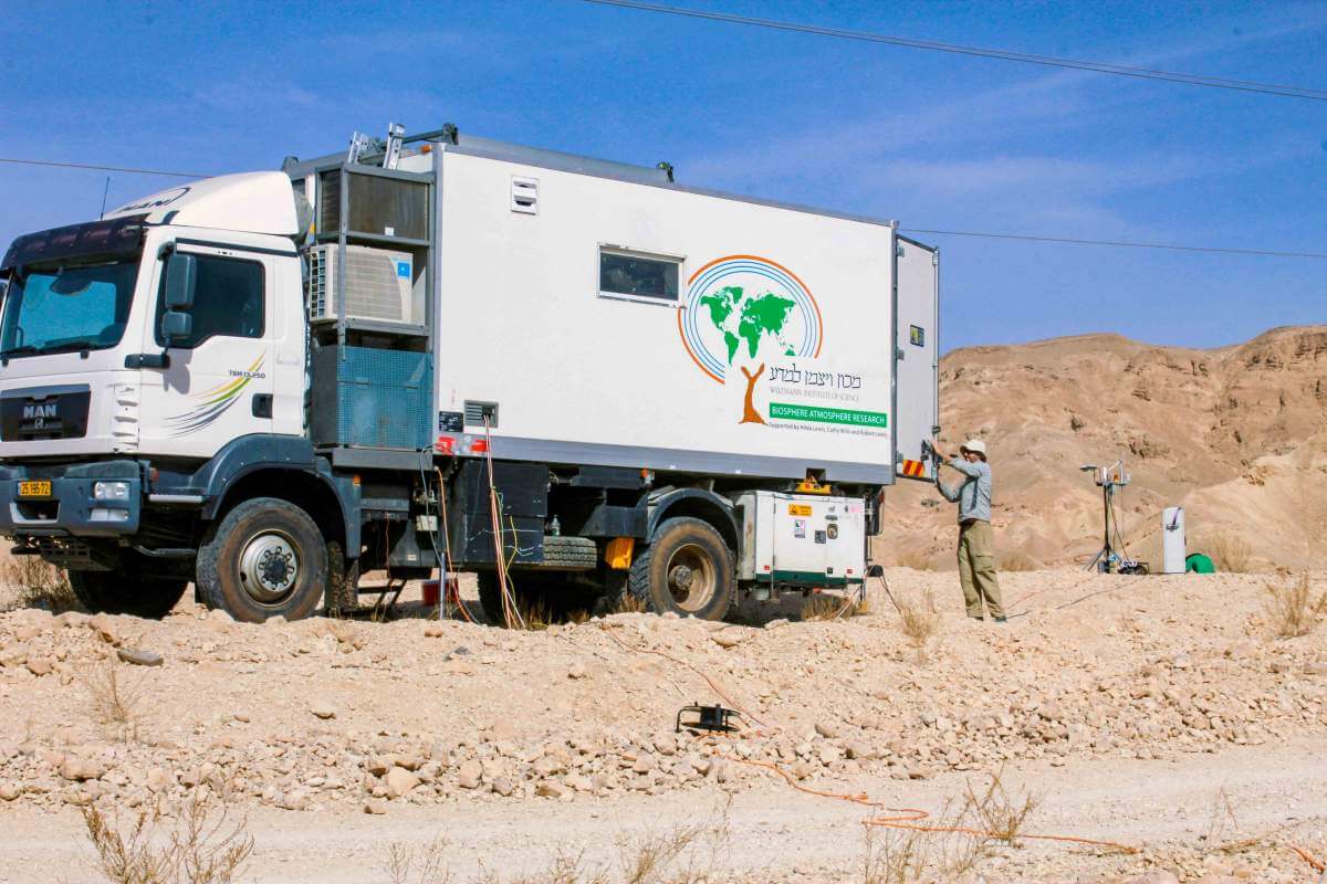 החוקרים יצאו ממכון ויצמן לערבה במשאית שהינה תחנת מדידה ניידת – פיתוח ייחודי של פרופ' יקיר וד"ר רוטנברג. תצלום: יונתן מולר