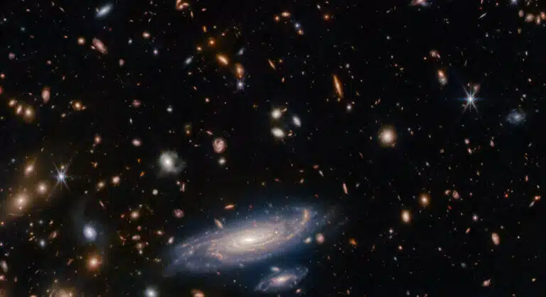 הגלקסיה הגדולה בקידמת התמונה היא LEDA 2046648, והיא נראית קצת יותר ממיליארד שנים אחורה בזמן, ואילו רוב האחרות רחוקות אפילו יותר, ולכן נראות רחוקות יותר אחורה בזמן. קרדיט: ESA/Webb, NASA & CSA, A. Martel
