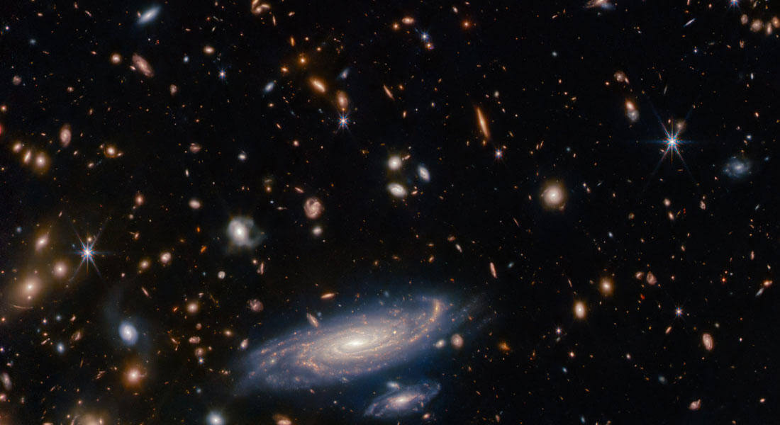 The large galaxy at the front of the image is LEDA 2046648, and it looks just over a billion years back in time, while most of the others are even further away, and therefore look further back in time. Credit: ESA/Webb, NASA & CSA, A. Martel
