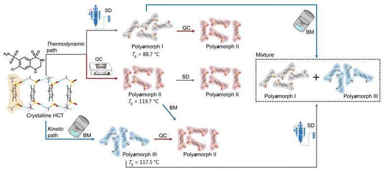 Researchers have used a variety of methods in order to reveal the different polymorphs that can be prepared from a common crystalline material and the paths of conversion from one configuration to another depending on the temperature and the method of preparation. [Source: Thomas Rades/University of Copenhagen]