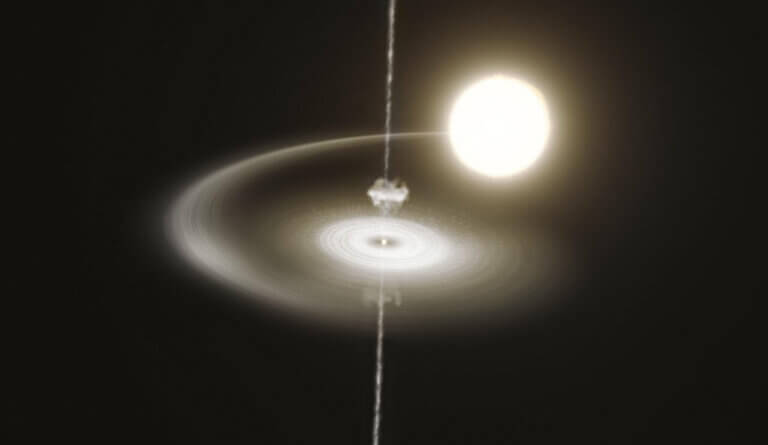 This artist impression shows the pulsar PSR J1023+0038 stealing gas from its companion star. This gas accumulates in the disk around the pulsar, slowly falls into it and is eventually ejected in a narrow jet. In addition, there is a wind of particles blowing from the pulsar, represented in the figure by a cloud of very small dots. This wind collides with the gas falling in, heating it and causing the system to glow brightly in X-rays, UV and visible light. Eventually clumps of this hot gas are ejected with the jet, and the pulsar returns to its initial, weaker state, and repeats the cycle. This pulsar has been observed to continuously switch between these two states every few seconds or minutes. Credit: ESO/M. Kornmesser
