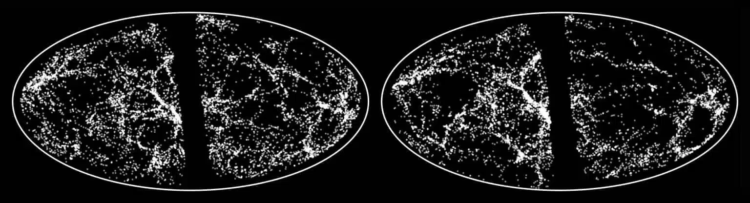 התפוצה של הגלקסיות הכי בהירות ביקום המקומי, שנצפתה בסקר 2MASS (חלק שמאלי) ושוחזרה בהדמיית SIBELIUS  (חלק ימני). שני החלקים מראים היטלים בקואורדינטות סופרגלקטיות, עד למאה מגה-פארסק בערך. הפס הריק האנכי כמעט מייצג את האזור בשמיים שמוסתר מאחורי גלקסיית שביל החלב שלנו. ההדמיה משחזרת במדויק את המבנים הנראים ביקום המקומי. קרדיט: Dr Till Sawala