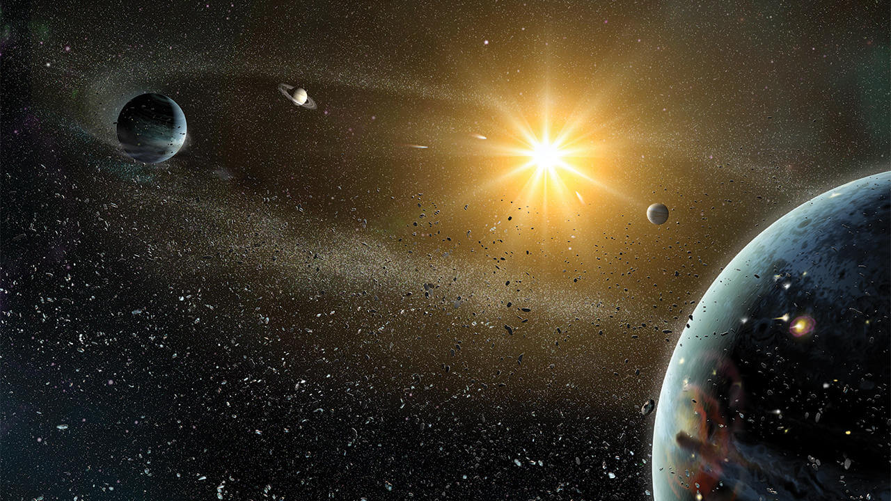 מחקרים מגלים שפלנטות גזיות ענקיות במערכות כוכבים אחרות לעיתים תכופות מונעות את האִכְלוּסִיּוּת של פלנטות דמויות ארץ שכנות על ידי שיבוש מסלולים ואקלימים. תיאור אמן של מערכת חוץ שימשית שמלאה בפלנטות ענקיות. קרדיט: NASA/Dana Berry