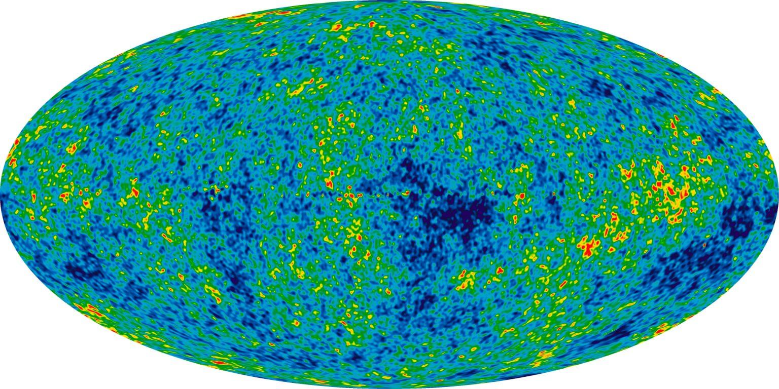 תנודות הטמפרטורה של CMB: תמונה מפורטת של כל השמיים של היקום התינוק שנוצרה מתשע שנות נתונים של WMAP מגלה תנודות טמפרטורה בנות 13.7 מיליארד שנים (מוצגות כהבדלי צבעים). קרדיט: NASA / WMAP Science Team
