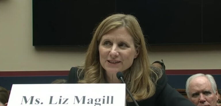 Liz Magill, outgoing president of the University of Pennsylvania. A screenshot from the testimony she gave in Congress at the hearing where she was asked about her attitude to the anti-Semitic incidents on campus. Screenshot.
