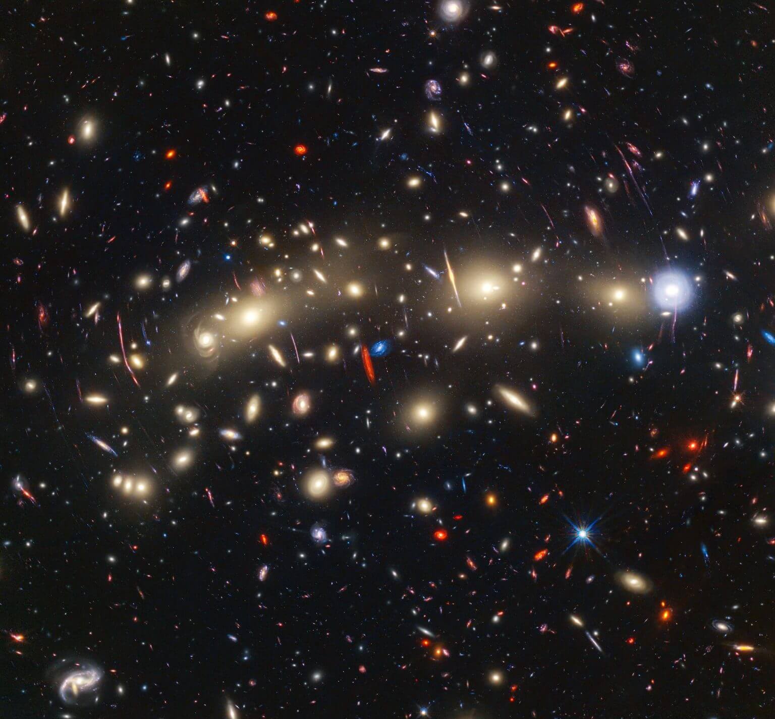 A multi-color view of MACS0416, a galaxy cluster about 4.3 billion light-years from Earth. The image was created by combining infrared observations from NASA's James Webb Space Telescope with visible light data from NASA's Hubble Space Telescope. The resulting prismatic panorama of the blues and reds gives clues to the distances of the galaxies. Credit: NASA, ESA, CSA, STScI, Jose M. Diego (IFCA), Jordan CJ D'Silva (UWA), Anton M. Koekemoer (STScI), Jake Summers (ASU), Rogier Windhorst (ASU), Haojing Yan ( University of Missouri