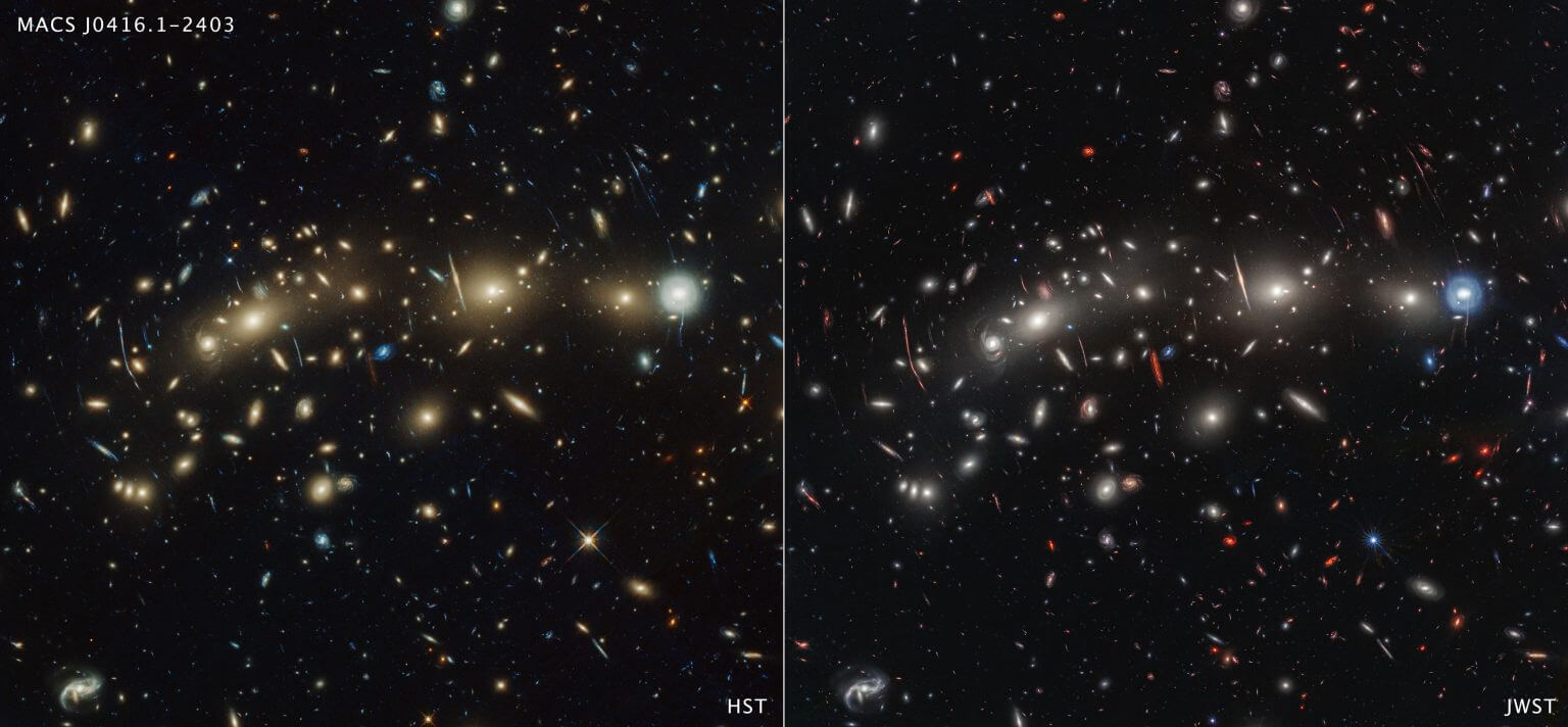 A side-by-side comparison of the MACS0416 galaxy cluster as seen by the Hubble Space Telescope in optical light (left) and the James Webb Space Telescope in infrared light (right) reveals different details. Both images show hundreds of galaxies, but Webb's image shows galaxies that are not visible or only barely visible in the Hubble image. That's because Webb's infrared vision can detect galaxies that are too far away or too dusty for Hubble to see. (Light from distant galaxies is redshifted due to the expansion of the universe.) Webb's total exposure time was about 22 hours, compared to 122 hours of exposure for the Hubble image. Credit: NASA, ESA, CSA, STScI