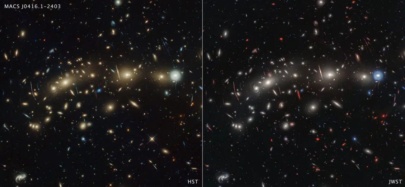 השוואה זה לצד זה של צביר הגלקסיות MACS0416 כפי שנצפו על ידי טלסקופ החלל האבל באור אופטי (משמאל) וטלסקופ החלל ג'יימס ווב באור אינפרא אדום (מימין) חושפת פרטים שונים. שתי התמונות מציגות מאות גלקסיות, אולם התמונה של ווב מראה גלקסיות שאינן נראות או נראות רק בקושי בתמונת האבל. הסיבה לכך היא שראיית האינפרא-אדום של ווב יכולה לזהות גלקסיות רחוקות או מאובקות מכדי שהאבל יוכל לראותן. (אור מגלקסיות רחוקות מוסט לאדום עקב התפשטות היקום.) זמן החשיפה הכולל של ווב היה כ-22 שעות, לעומת 122 שעות חשיפה לתמונת האבל. קרדיט: NASA, ESA, CSA, STScI

