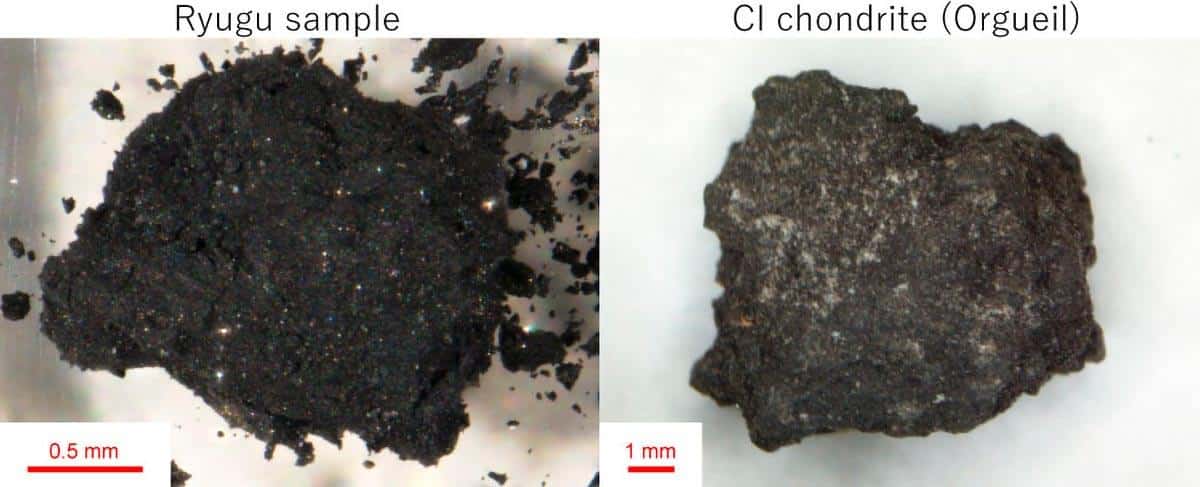 תמונה: [תמונה משווה של דגימת Ryugu משמאל ומטאוריט מסוג CI (אורגיי ; ימין), באדיבות JAXA וקאנה אמנו ואחרים