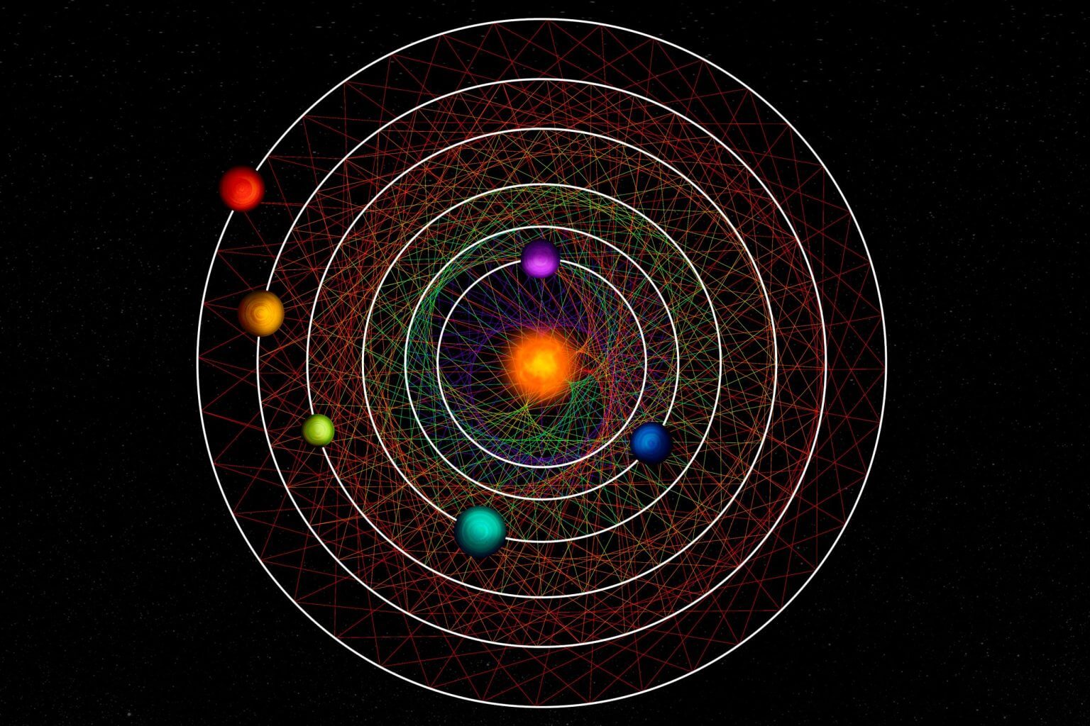 איור אמן של שש הפלנטות שהתגלו לאחרונה המקיפות את הכוכב שלהן בתהודה.
קרדיט: Roger Thibaut (NCCR PlanetS)