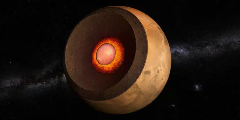 ניתוח נתונים סייסמיים של מאדים שתועדו על ידי משימת InSight גילה כי ליבת הברזל הנוזלית של מאדים מוקפת בשכבת סיליקט מותך בעובי של 150 ק"מ, וכתוצאה מכך ליבתה קטנה וצפופה יותר ממה שהוצע בעבר. (גרפיקה: טיבו רוג'ר, NCCR Planet S / ETH ציריך)
