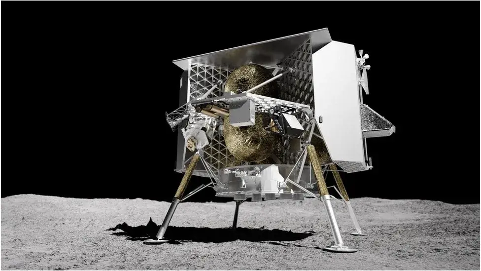 נחתת הירח פרגרין, כפי שהיתה אמורה להיראות מיד לאחר נחיתתה על הירח. צילום יחצ: ASTROBOTIC