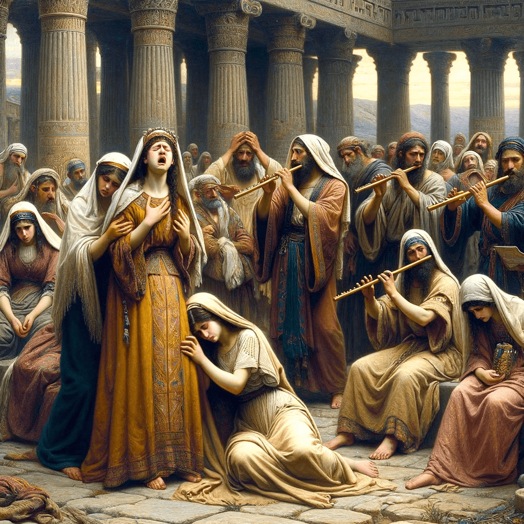 Here is the picture depicting a Jewish mourning ceremony during the days of the Second Temple, in which women mourn and men play the flute. This scene combines elements of Jewish tradition with influences from Hellenistic culture. Prepared using Dali 3 artificial intelligence software and does not necessarily guarantee historical accuracy.