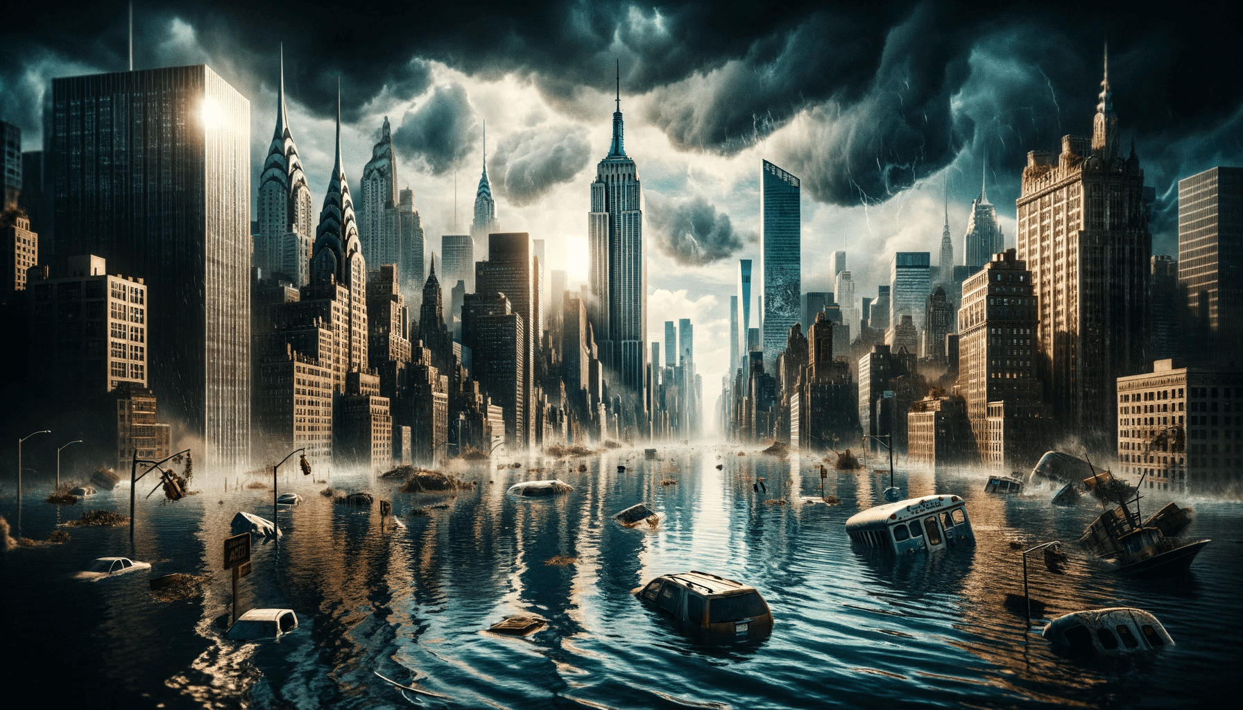 An apocalyptic image of a sinking New York. The image was prepared using artificial intelligence and is not a scientific image