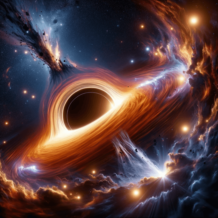A dramatic scene in space with a black hole in the center. Around the black hole is a chaotic and dynamic environment, with bright stars. Prepared using artificial intelligence software for illustrative purposes and should not be considered a scientific image