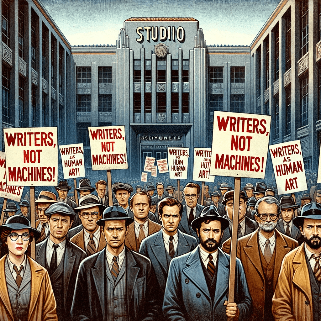 The screenwriters' strike in Hollywood against the use of artificial intelligence software in scripts. The image was prepared by DALEE 3. Idea: Avi Blizovsky