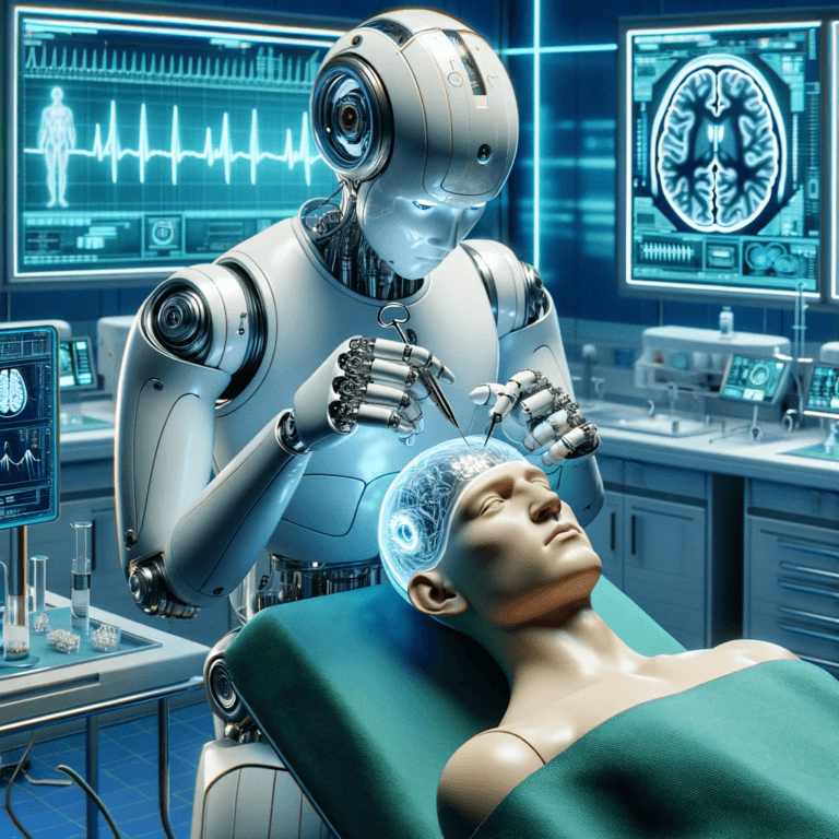 A robot implants a chip in a person. The image was prepared by DALEE artificial intelligence software after reading the article. It should not be seen as a scientific picture