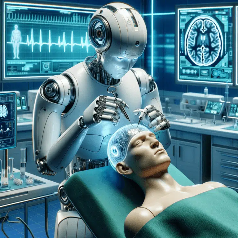 روبوت يزرع شريحة في جسم الإنسان. تم إعداد الصورة بواسطة برنامج الذكاء الاصطناعي DALEE بعد قراءة المقال. ولا ينبغي أن ينظر إليها على أنها صورة علمية