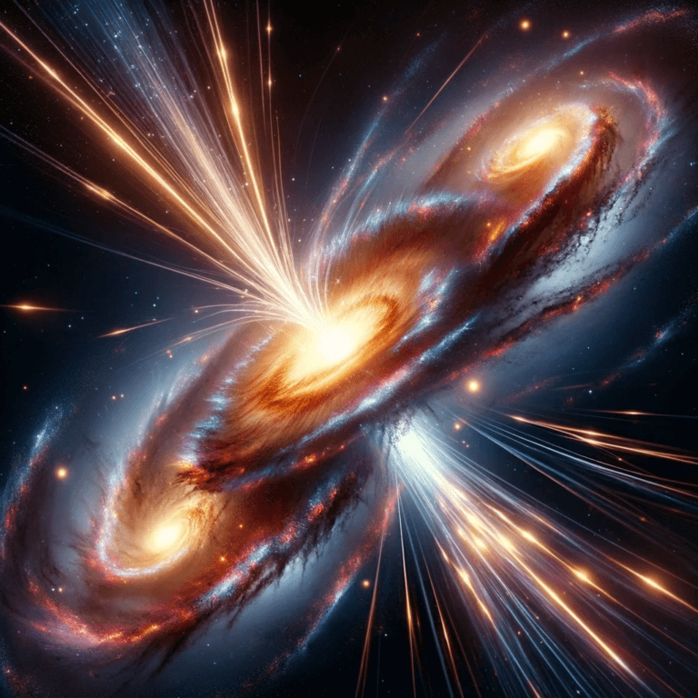 גלקסיות מתמזגות יוצרות את הבזק הרדיו החזק ביותר שהתגלה עד כה. התמונה הוכנה באמצעות דאלי (בינה מלאכותית) ואין לראות בה תמונה מדעית