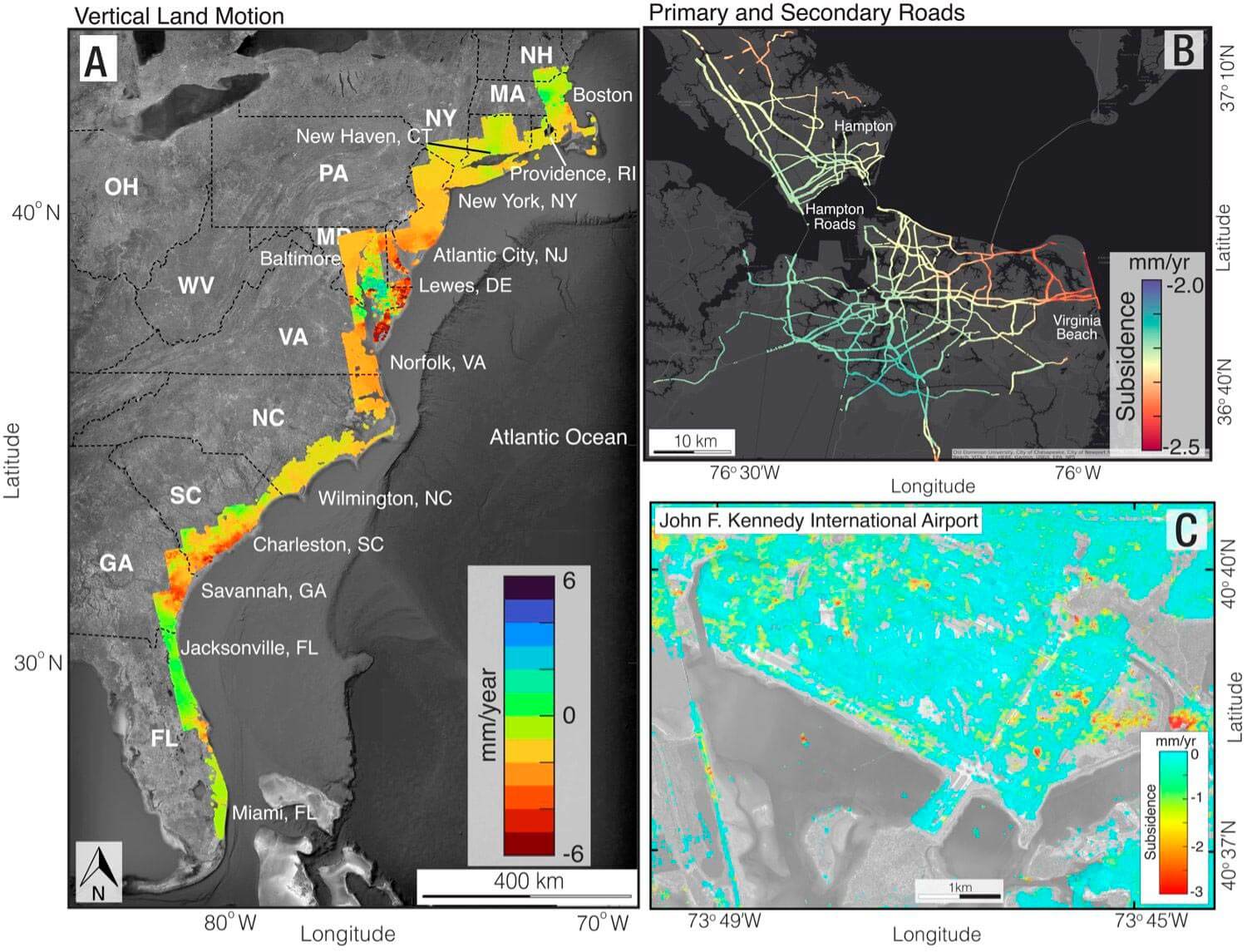 The graphic above contains: a photograph from space of vertical ground motion on the East Coast (left panel); Major, secondary, and interstate highways in the Gulf Coast, Norfolk, and Virginia Beach areas of Virginia (upper right panel); and John F. International Airport. Kennedy in New York (bottom right panel). The yellow, orange and red areas on these maps indicate areas of land subsidence. Credit: Leonard Ohanahan.