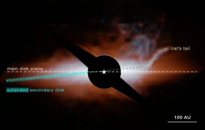 תמונה זו ממצלמת ה-MIRI של 'ווב' (המצלמת באינפרה אדום בינוני) מראה את מערכת הכוכבים בטא פיקטוריס. דיסקה שטוחה של שברי אבק, שנוצרו מהתנגשויות בין פלנטסימלים (כתום), שולטת בנוף ומכונה "מישור הדיסקה הראשי". בפינה השמאלית התחתונה ווב הראה את ההיקף האמיתי של הדיסקה המשנית (ציאן (טורקיז), שנוטה 5 מעלות ביחס לדיסקה הראשית. 'ווב' גם גילה תכונה שלא נראתה קודם לכן שנקראת "זנב החתול". קורונוגרף (מעגל שחור ושני דיסקים קטנים) שימש לחסימת אור הכוכב המרכזי. סרגל קנה מידה מראה שהדיסקות של בטא פיק (פיקטוריס) מתפרשות למאות יחידות אסטרונומיות (AU), כאשר AU אחת היא המרחק הממוצע בין כדור הארץ לשמש. (במערכת השמש שלנו, נפטון מקיף את השמש במרחק של 30 AU) בתמונה זו, אור באורך גל של 15.5 מיקרונים מוצג בצבע ציאן (טורקיז) ו-23 מיקרונים בכתום (מסננים F1550C ו-F2300C, בהתאמה). קרדיט: נאס"א, ESA, CSA, STSCI, C. STARK ו-K. LAWSON (NASA GSFC), J. KAMMERER (ESO), ו-M. PERRIN (STSCI).