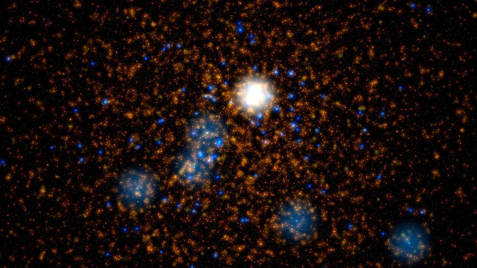 התמונה מתארת הדמייה של צביר כוכבים כפי שהופק בהדמיות Dragon-II. נקודות כתומות וצהובות מייצגות כוכבים דמויי שמש, בעוד שהנקודות הכחולות מציינות כוכבים בעלי מסה של פי 20 עד 300 מזו של השמש. העצם הלבן הגדול במרכז מייצג כוכב בעל מסה של כ-350 מסות שמש, אשר בקרוב יקרוס וייצור חור שחור בעל מסה בינונית. קרדיט: © M. Arca Sedda (GSSI)