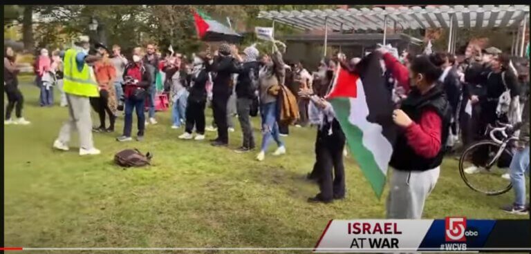 A pro-Palestinian demonstration at Harvard University following the war. The world's academia is starting to interfere with the international ties of Israelis. Screenshot from an ABC article (fair use)